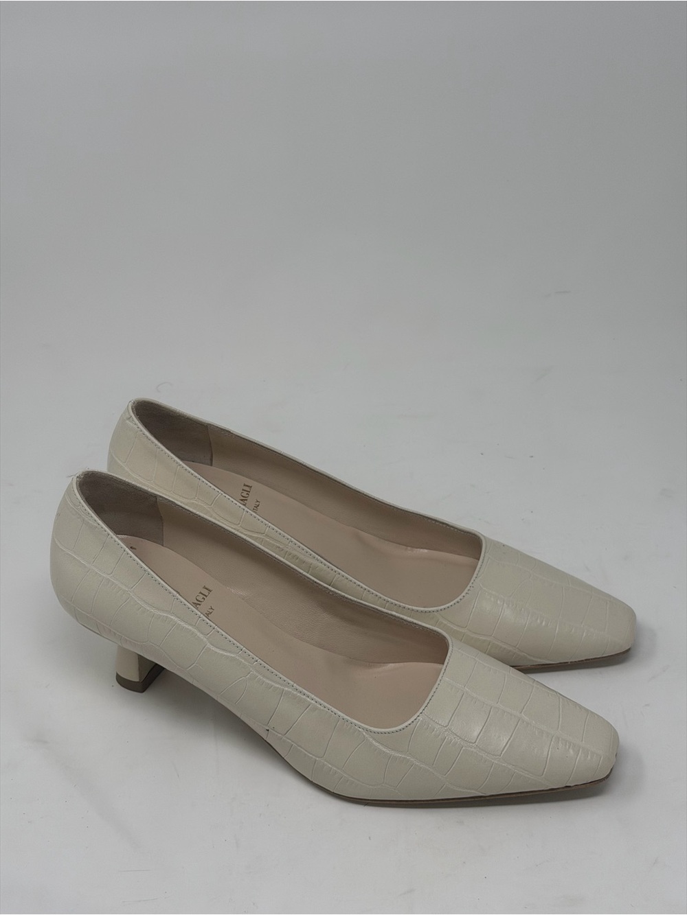 Bruno Magli Cream Croc-Embossed Low Block Heel Pumps